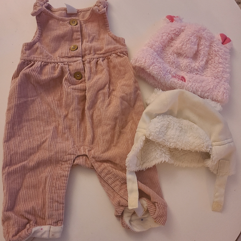 Baby Gap pink curdoroy overalls 0-3M and 0-6M Northface/Carters hat